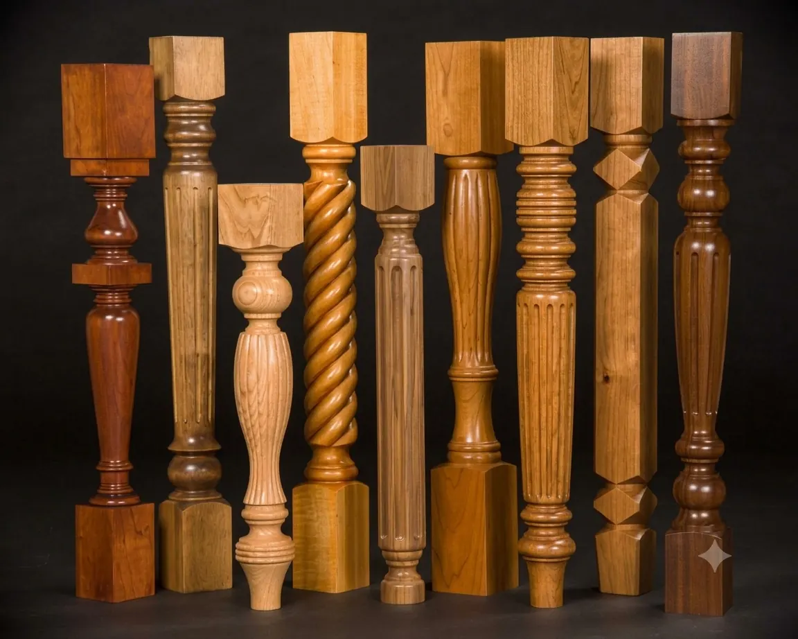 A range of turned and fluted wooden table legs